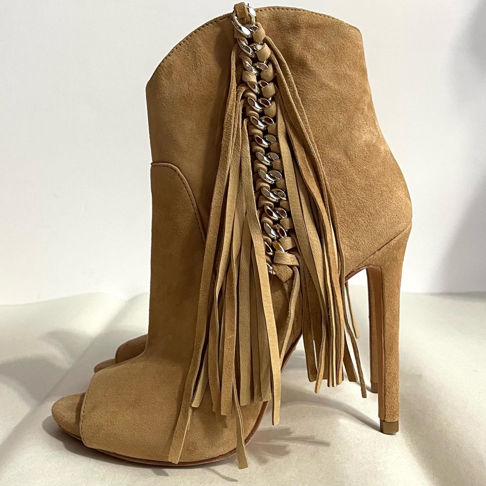 Marciano Women’s Tan Suede Fringe Open Toe Heel Booties